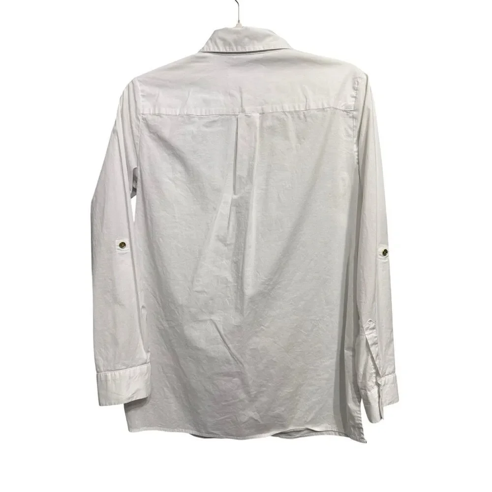 Michael Kors Women Roll Tab Long Sleeve White Button Down Cotton Casual Shirt S
